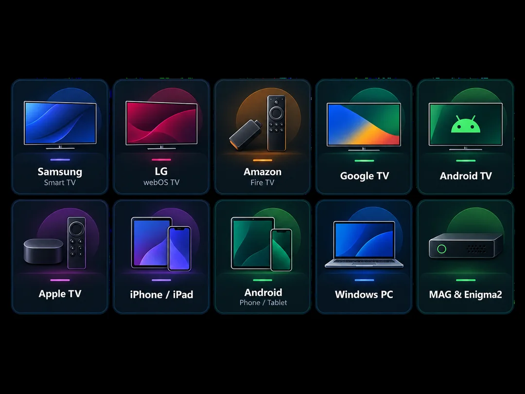 Illustrationer af Samsung, LG, Fire TV, Google TV, Android TV, Apple TV og Windows PC